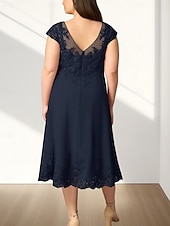 abordables Longueur du thé-Robe Mère de la Mariée A-Line Invité de Mariage Élégante Col Ronde Mi-Longue en Chiffon À Manches Courtes avec Appliques Robe Midi 2025
