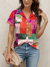 voordelige Dames Strepen &amp; Geometrische Tops-Dames Overhemd Grafisch Geometrisch Vintage Tropisch Dagelijks Korte mouw Kap Overhemdkraag Normale tops Dagelijks Rood blauw Oranje Groen Zomer Lente