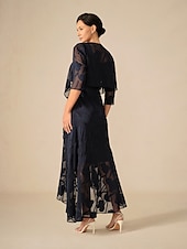 billige Kjoler til nyttårsaften-Dame Maxikjole Rysjekjole Elegant Bryllup Bryllupsgjest Aftenselskap Blomstret Ermeløs U-hals Navyblå Sommer Vår