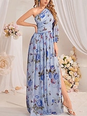 preiswerte Brautjungfernkleider-Brautjungfernkleider A-Linie Ein-Schulter Langarm Bodenlang Chiffon Brautkleider Mit Falten Floralprint