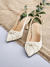 cheap Kitten Heels-Women's Ivory Pointed Toe Slingback Kitten Heels with Pearl Embellishment – Elegant Satin Wedding Shoes for Romantic Dates and Garden Parties