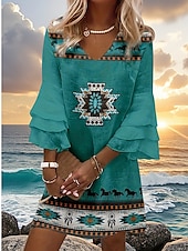 cheap Boho Dress-Women&#039;s Mini Dress Sundress A Line Dress Vacation Casual Boho Going out Beach Regular Fit Graphic Tribal 3/4 Length Sleeve V Neck Green Summer Spring