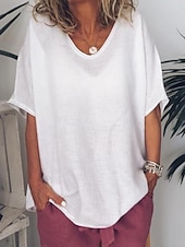preiswerte Hemden-Damen Bluse Einfarbig Basic Lässig Halbarm V Ausschnitt Normale Oberteile Täglich Weiß Gelb Hellgrün Armeegrün Sommer