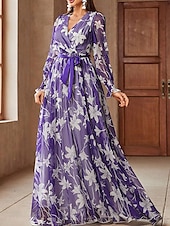 voordelige Onder 129,99 $-A-lijn Moeder van de Bruid Jurk Bloemenprint Casual V-hals Vloer Lengte Chiffon Lange Mouw met Sjerp  Lint Bruiloft Gast Jurk 2025