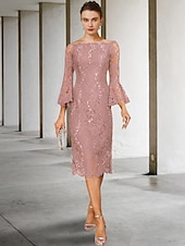cheap Tea Length-Sheath Mother of the Bride Dress Wedding Guest Elegant Vintage Jewel Neck Tea Length Lace 3/4 Length Sleeve with Sequin 2025 free custom size