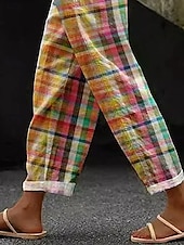 cheap Graphic Pants-Women's Cotton Linen Pants Baggy Pants Linen Like Beach Shorts Vacation Vintage Fashion Full Length High Waist Graphic Geometric Plaid Printing Breathable Soft Micro-elastic Vacation Causal
