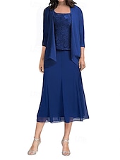 abordables Longueur du plancher-Ensembles de Robes Robe de Mère de Mariée  Élégant Simple Col carré Longueur thé Polyester Manche 3/4 avec Couleur Unie 2025