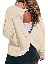 preiswerte Damen Einfache Oberteile-Damen Bluse Oberteil mit Ösen Einfach Modern Lässig Langarm Rundhalsausschnitt Normale Oberteile Täglich Ferien Ausgehen Ausschnitt Weiß Dunkelgray Aprikose Sommer