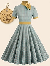 abordables Robes-Rétro Vintage Années 1950 Rockabilly Midi Robe Robe trapèze Robe Évasée Nœud À carreaux Vichy Femmes Carnaval Saint-Valentin Tenue quotidienne Fête du thé Soirée à thème rétro Adulte Robe Automne