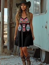 ieftine Rochie boho-Rochie Boho pentru femei rochie western rochie vintage mini rochie în formă de A rochie de vară rochie tip slip vacanță casual zilnic ajustare normală grafică tribală fără mâneci gât în V negru vară