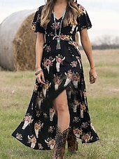 levne Boho šaty-Dámské Dlouhé šaty Maxi šaty Volnočasové šaty Letní šaty Boho šaty Šaty s potiskem Módní Venkovní Párty Dovolená Běžný Květinový Bez rukávů Do V Černá Léto Jaro