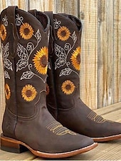 preiswerte Cowboy &amp; Western Stiefel-Damen Western Cowboystiefel mit Sonnenblumenstickerei – Vintage Kunstleder Festivalstiefel mit Gürteldetail für Musikfestivals und Freizeit
