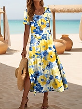 preiswerte Blumenkleider-Damen Midikleid Sommerkleid A Linie Kleid Urlaub Lässig Strand Täglich Ausgehen Normale Passform Blumen Grafik Kurzarm Rundhalsausschnitt Gelb Rosa Blau Purpur Sommer