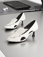 billiga Pumps med låg klack-damklackar med fyrkantig tå – artistiska pumps i konstläder med klack för kattungar för kreativa arbetsplatser