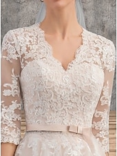 economico Abiti da sposa-Mini Abiti Bianchi per Fidanzamento Abiti da Sposa A-Line Scollo a V Manica 3/4 Lunga Fino al Ginocchio in Raso con Fascia  Applicazioni