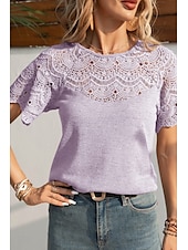 abordables Hauts en dentelle-Femmes Chemisier Hauts en dentelle Uni Occasionnel Manche Courte Col ras du cou Hauts Réguliers Quotidien Fête Sortir Dentelle Noir Blanche Violet Été