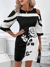 abordables Robes fleuries élégantes-Femmes Mini Robe Robe Décontractée Moulant Robe d&#039;été Mode Moderne Extérieur Quotidien Week-end Coupe régulière Fleuri Rayé Manche 3/4 Col ras du cou Noir Blanche Rouge Été