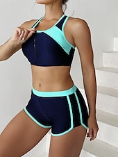 billiga Bikiniset-Kvinnors badkläder tankini 2 delar shorts baddräkt rygglös mage kontroll hög midja smal semester strandkläder färgblock U-hals ärmlös baddräkt