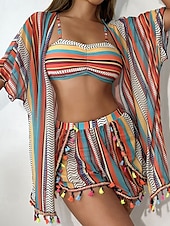 olcso Bikiniszettek-Női Fürdőruha Bikini Három darab Fürdőruha Fringe Hem Hawaii Strandruházat Csíkos U-alakú Rövid ujjú Fürdőruhák