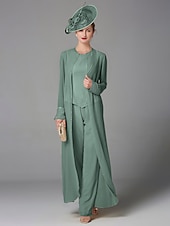 cheap Mom&#039;s Pant Suits-Beach Wedding Jumpsuit / Pantsuit 3 Piece Mother of the Bride  Formal Wedding Guest Elegant Plus Size Wrap Included Bateau Neck Floor Length Chiffon Long Sleeve Wrap Included with Beading