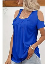 abordables T-shirt uni-Femmes Chemisier Uni Moderne Occasionnel Manche Courte Col carré Hauts Réguliers Fête Sortir Froncé Bleu Vert Été