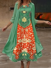 abordables Robe Boho-Femmes Robe Midi Robe d&#039;été Occasionnel Robes semi-formelles Quotidien Fête Date Coupe régulière Fleuri Graphique Manche 3/4 Col ras du cou Vert Été Printemps