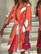 cheap Stripe&amp;Geometric Dress-Women&#039;s Mini Dress Wrap Dress A Line Dress Casual Outdoor Going out Standard Fit Graphic Color Block 3/4 Length Sleeve Turndown Black Fuchsia Orange Green Summer Spring