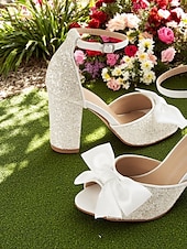cheap Wedding Sandals-Women&#039;s White Glitter Block Heel Wedding Sandals with Ankle Strap and Satin Bow – Elegant Open Toe Bridal Shoes for Garden Ceremonies and Outdoor Events