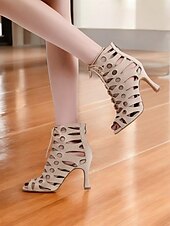 billige Sko til latindans-beige rhinestone latinske dansehæler med snøring for kvinner – pustende mesh peep toe performance sko for ballsaltrening