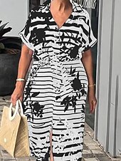 abordables Robe Fleurie-Femmes Robe maxi Robe trapèze Robe d&#039;été Occasionnel Quotidien Coupe régulière Fleuri Graphique Rayé Manche Courte Col en V Noir Blanche Jaune bleu marine Été