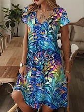 billiga Blommig klänning-Kvinnors Mini Klänning A-linje Klänning T-shirt Klänning Tee Klänning Avslappnad Semester Daglig Regular Fit Grafik Paisley Kort Ärmd V-hals Blå Beige Sommar Vår