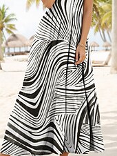 cheap Stripe&amp;Geometric Dress-Women&#039;s Midi Dress Sundress A Line Dress Off The Shoulder Dress Vacation Casual Form Fit Graphic Geometric Abstract Sleeveless U Neck Scoop Neck Black And White Summer