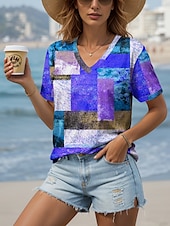 abordables T-shirt rayé et géométrique-Femmes T-shirt Graphique Géométrique ancien Élégant Classique Manche Courte Col en V Hauts Réguliers Quotidien Imprimé Jaune Rouge Bleu Été Printemps