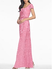 cheap Cocktail Dresses-Pink Jacquard Floral Column Evening Gown Elegant Dress Formal Wedding Ankle Length Short Sleeve V Neck Nylon with Floral Print Slit Pocket Wedding Guest Dress