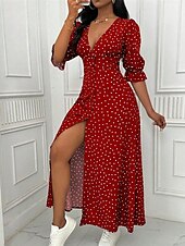 abordables Robe Simple-Femmes Robe Longue Maxi Robe Robe Décontractée Robe d&#039;été Élégant Mode Extérieur Fête Date Coupe régulière À pois manche longue Col en V Noir Rouge Bleu Été Printemps