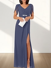 cheap Wedding Guest Dresses-A-Line Wedding Guest Dresses Elegant Dress Wedding Guest Engagement Floor Length Short Sleeve V Neck Chiffon with Ruched Beading Slit