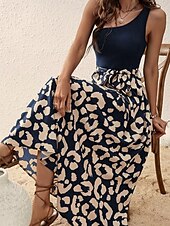 abordables Robes fleuries élégantes-Femmes Robe Midi Robe Décontractée Robe d&#039;été Élégant Mode Moderne Quotidien Plage Week-end Coupe régulière Léopard Sans manches Une Épaule Noir bleu marine Été