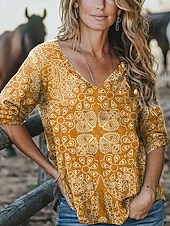 abordables Tops Boho pour Femmes-Femmes Chemisier Fleuri Graphique Élégant Occasionnel Manche 3/4 Demi Manches Col en V Hauts Réguliers Quotidien Jaune Rouge Bleu Violet Été Printemps