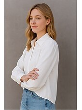 cheap Lace Tops-Women&#039;s Shirt Plain Basic Modern Long Sleeve Shirt Collar Regular Tops Daily Holiday Buttons White Summer