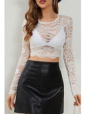 olcso Csipkés felsők-Női Blúz Csipke felsők Sima Elegáns Stílusos Hosszú ujj Terített nyak Crop Tops Napi Alkalmi Csipke Fehér Lóhere Nyár
