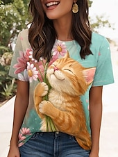 billiga Djur tee-Dam T-shirt Grafisk Djur Katt Stylish Klassisk Ledigt Kortärmad Rund hals Vanliga toppar Dagligen Helgen Mönster Grön Sommar Vår