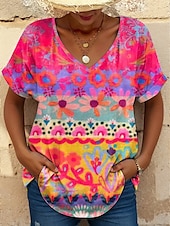 billige Boho t-skjorte-Dame T skjorte Grafisk Geometrisk Fargeblokk Stilfull Fritid Kortermet V-hals Vanlige topper Daglig Ut på byen Helg Trykt mønster Gul Rosa Lilla Sommer Vår