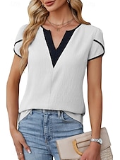 abordables Hauts Unis pour Femmes-Femmes Chemisier Bloc de Couleur Moderne Occasionnel Manche Courte Col en V Hauts Réguliers Fête Sortir Patchwork Noir Blanche Vert Abricot Été