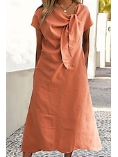 abordables concevoir des robes en coton et lin-Femmes Robe Midi Robes inspirées du lin Robe en coton et lin Mode Classique Extérieur Fête Week-end Coupe régulière Uni Manche Courte Col ras du cou Jaune Orange Vert Kaki Été
