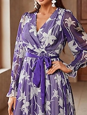 voordelige Onder 129,99 $-A-lijn Moeder van de Bruid Jurk Bloemenprint Casual V-hals Vloer Lengte Chiffon Lange Mouw met Sjerp  Lint Bruiloft Gast Jurk 2025