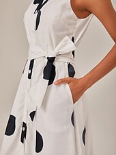 preiswerte Blumenkleider-Damen blusenkleid Saum Maxi Maxidress Weiß Ärmellos Punkt Tasche Bindegürtel Sommer Kargen Casual S M L