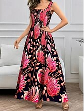ieftine rochie florală-Pentru femei Rochie Maxi Rochie de schimb Rochie A line Vacanță Casual Boho Ieșire Fit standard Floral Grafic Fără manșon În U Negru Roșu-aprins Albastru piscină Portocaliu Vară Primăvară