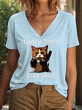 billige Humor og sitater t-skjorte-Dame T skjorte Grafisk Katt Stilfull Klassisk Fritid Kortermet V-hals Vanlige topper Daglig Trykt mønster Svart Rosa Blå Sommer Vår