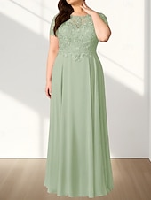 voordelige Vloerlengte-A-lijn Plus Size Curve Moeder van de Bruid Jurk Bruiloft Gast Elegant Crew Neck Vloerlengte Chiffon Kant Korte Mouw met Tailleband  Lint Beading Applicaties