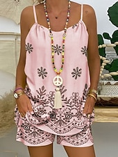 billiga Kvinnors korta set-Kvinnors 2 delar mode streetwear dagligt shorts set ärmlös V-hals blommig grafisk dragsko avslappnad dagligt strand vit rosa blå sommar lös passform
